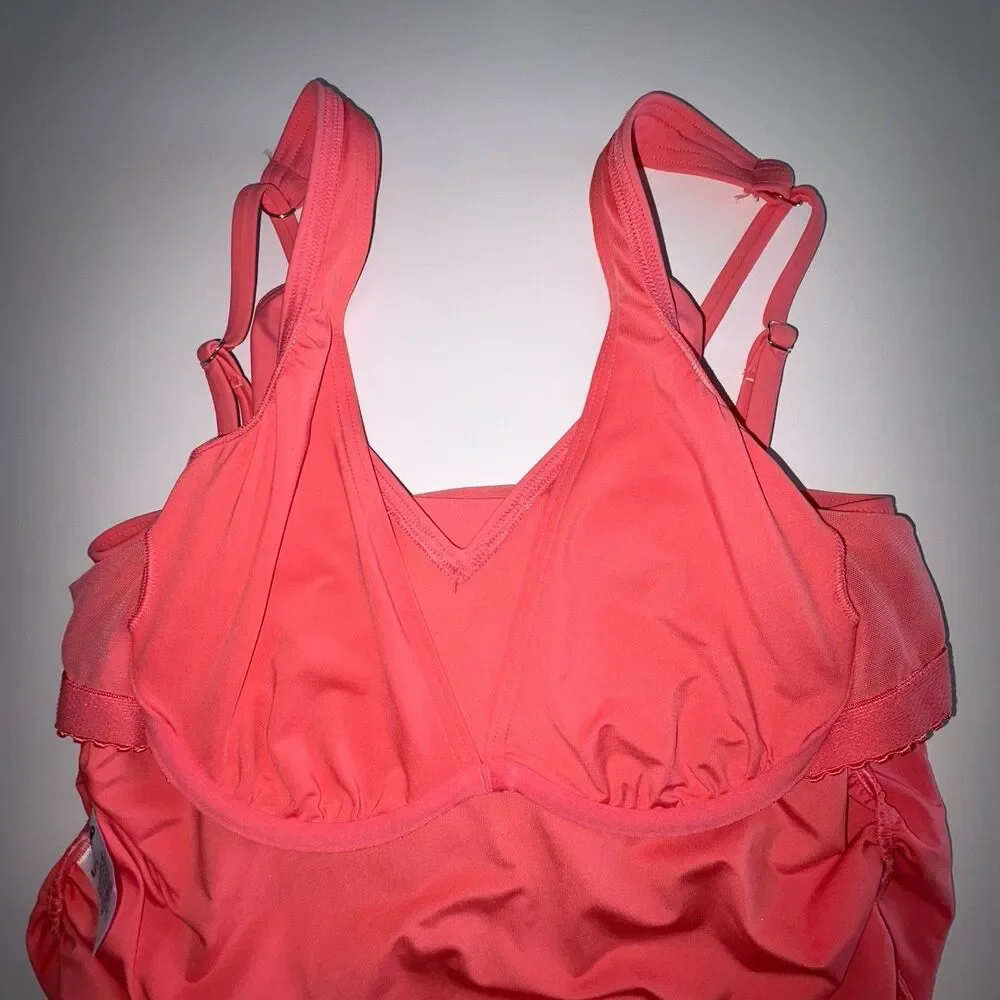Land's End Coral Peach V-Neck Tankini Swim Top Women's Size 12 Underwire